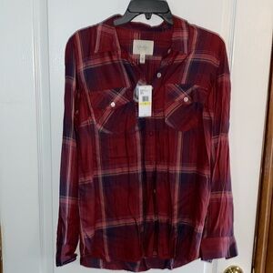 Jessica Simpson button down plaid shirt, molten lava/blush, size medium, NWT